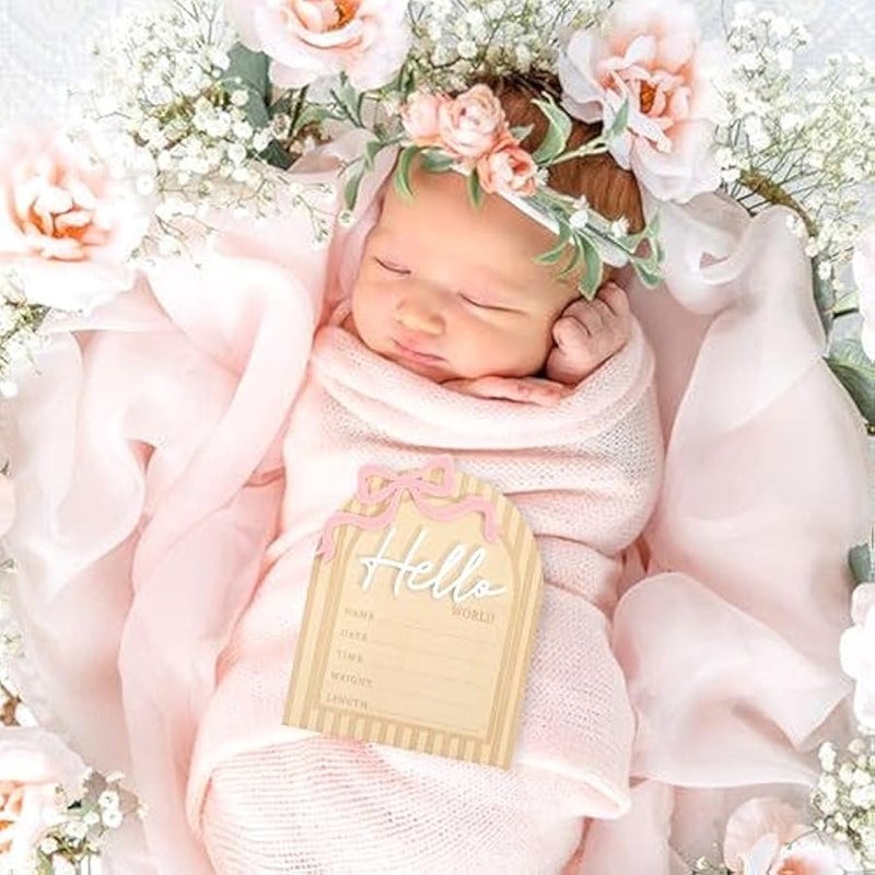 MIXDE Bow Hello World Wooden Board - Hospital Newborn Information Record,Birth Milestone Bulletin Board Photo Props,Sweet Pink Bow Nursery Decorations,Little Princess Hello World Announcement Sign - Image 4